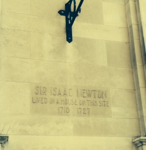 Historic marker to Sir Isaac Newton on library in Leicester Square, London. 